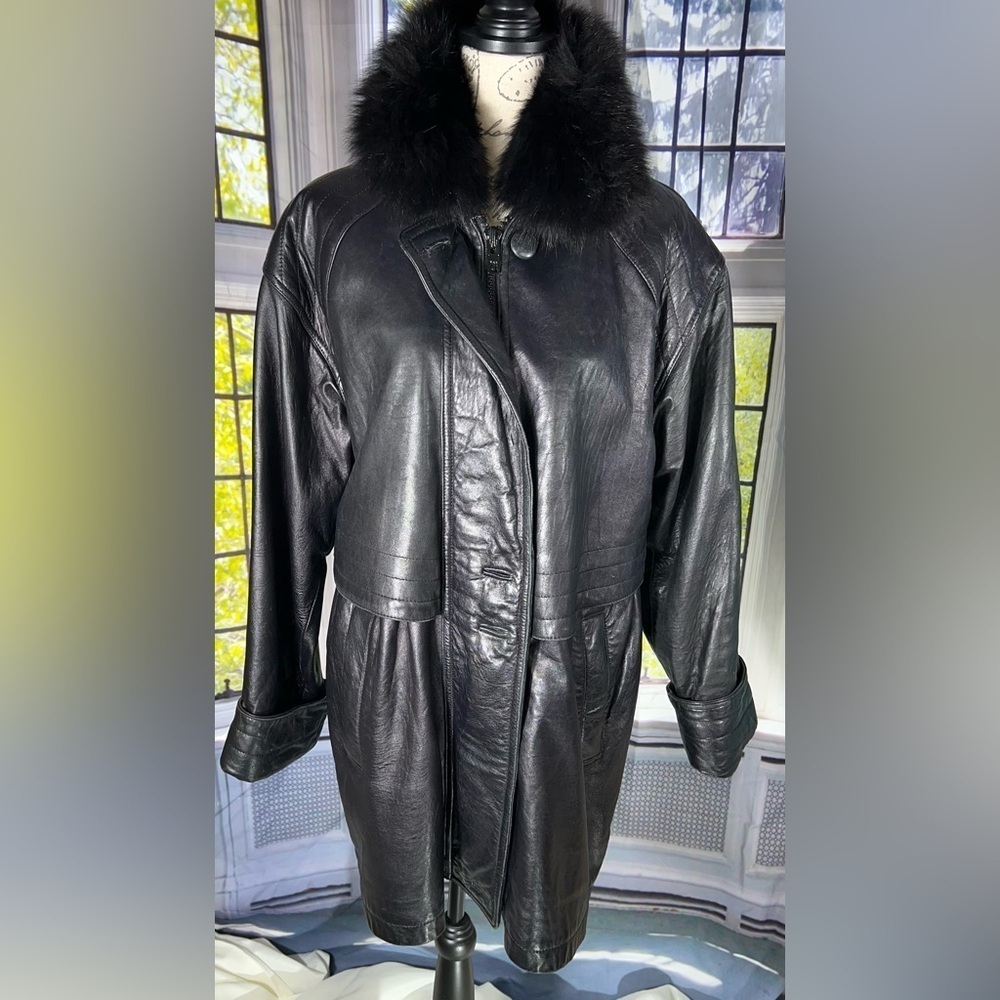 Vintage Black Leather Coat Fox Fur Trim Hood - Picture 6 of 6